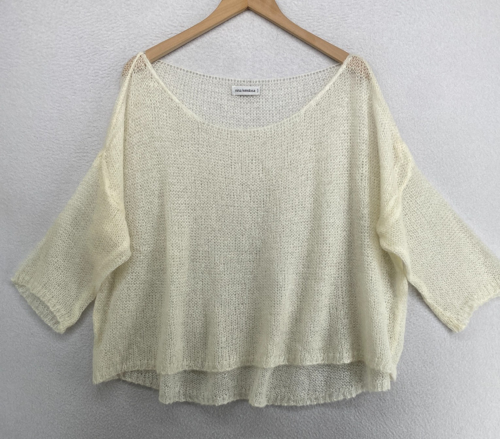 NINA KENDOSA Sweater OS Sheer Oversized Boxy Drop Shoulder Off White